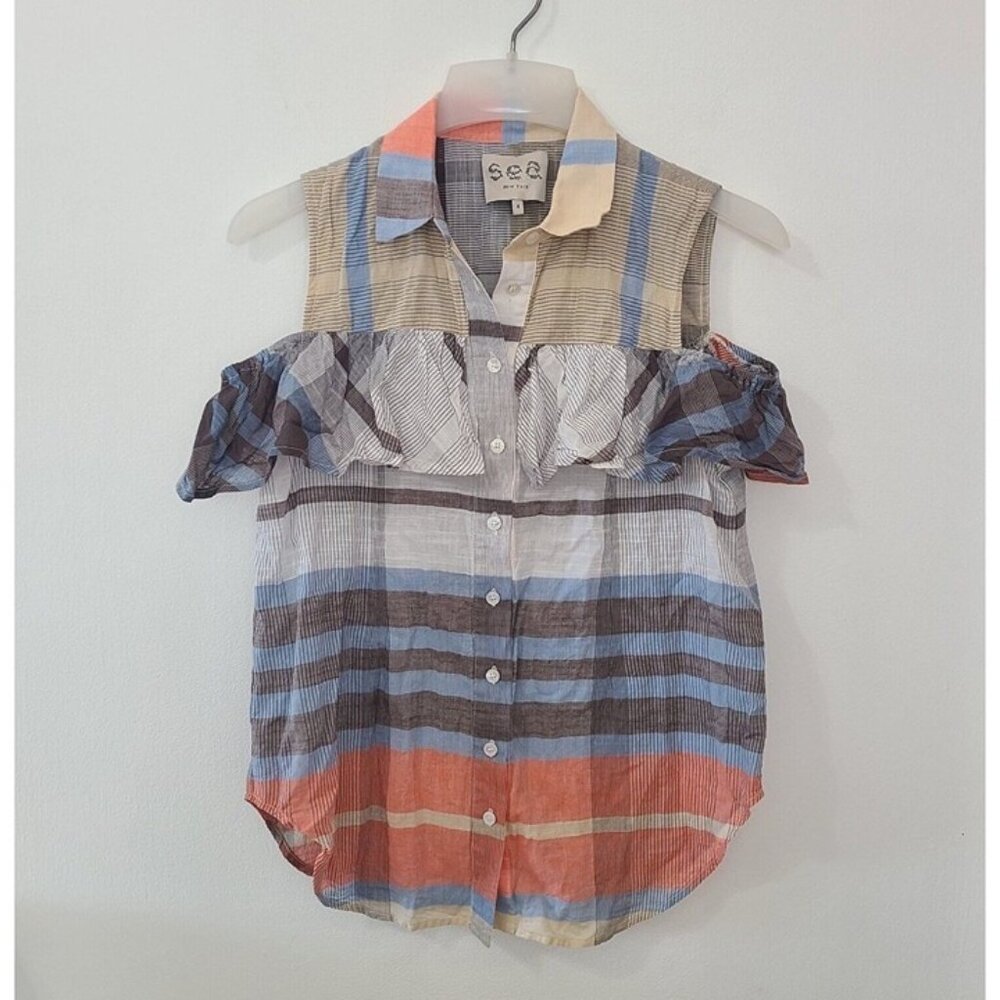 Sea New York Multicolor Striped Cold-Shoulder Button-Down Top